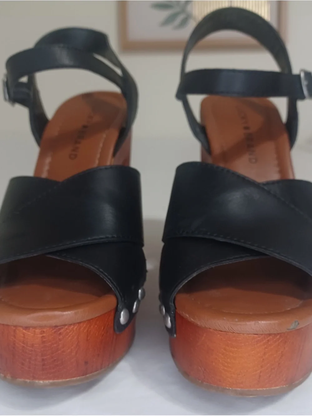 Lucky Brand Black Leather Platform Sandals with Wood Block Heel